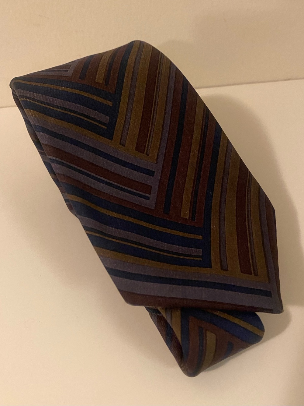 Yves Saint Laurent Geometric Stripe Silk Tie in Navy, Brown & Olive